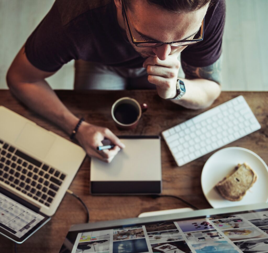 man thinking computer blogger tech