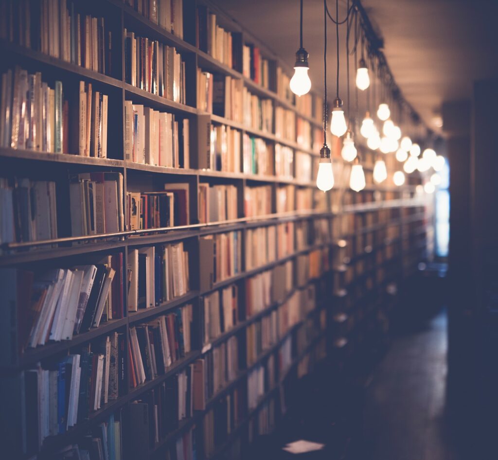 A brightly-lit library.