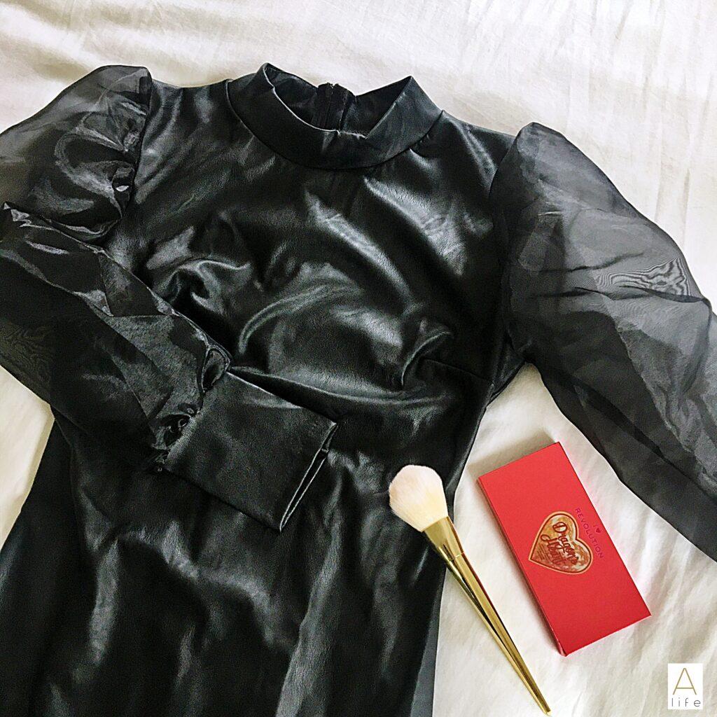 faux leather blouse with organza sleeves