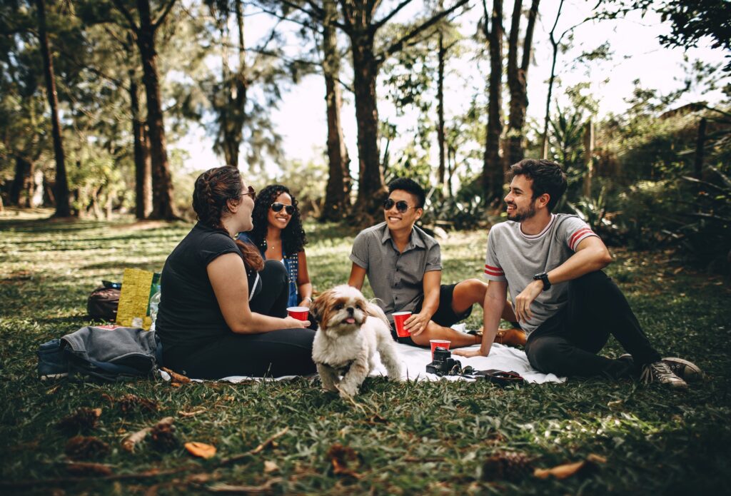 friends garden park meeting laughing happy