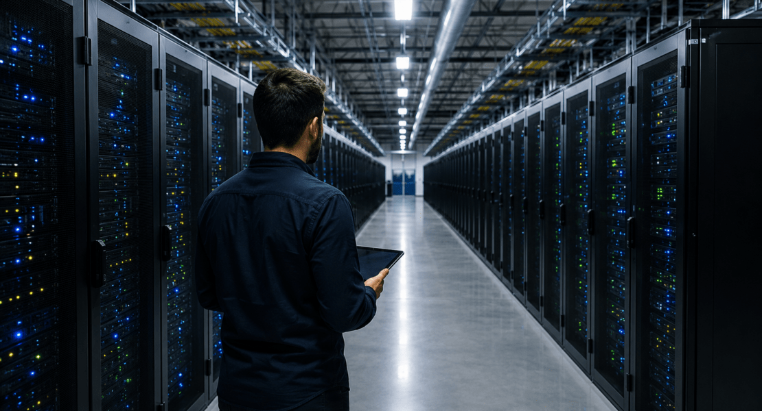 Technician inspecting server racks inside a large AI data centre powering artificial intelligence infrastructure.