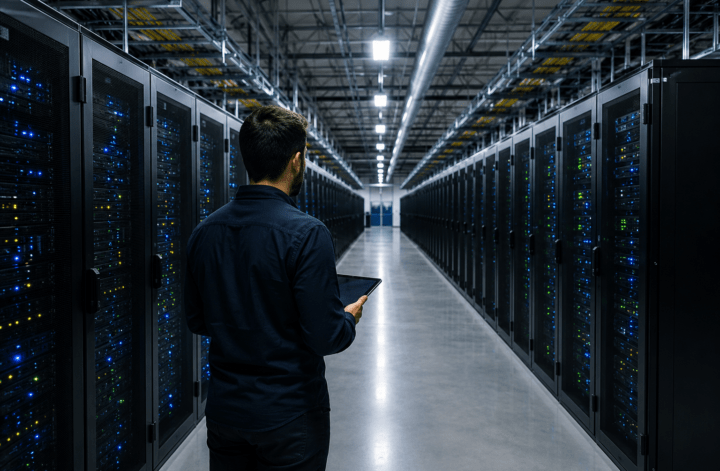Technician inspecting server racks inside a large AI data centre powering artificial intelligence infrastructure.