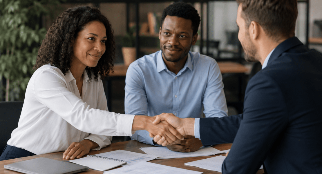 Professionals shaking hands during a business meeting, demonstrating ethical business practices and workplace trust.