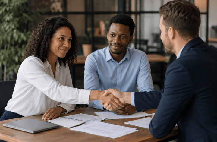Professionals shaking hands during a business meeting, demonstrating ethical business practices and workplace trust.