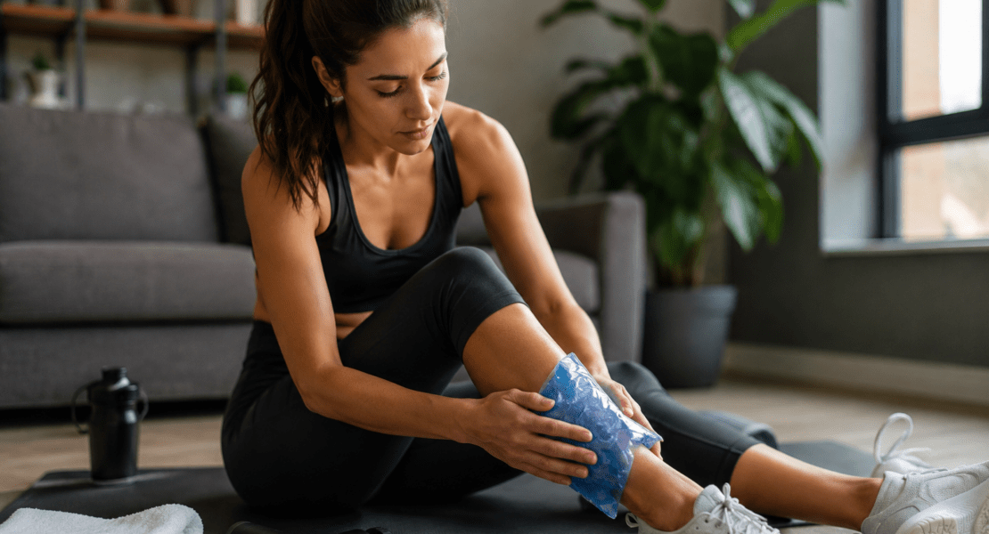 Athlete applying a cold pack to an ankle after exercise for muscle recovery at home.