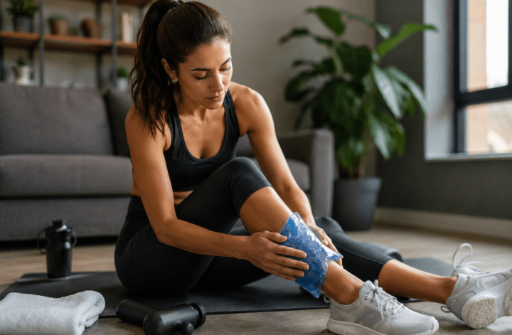 Athlete applying a cold pack to an ankle after exercise for muscle recovery at home.