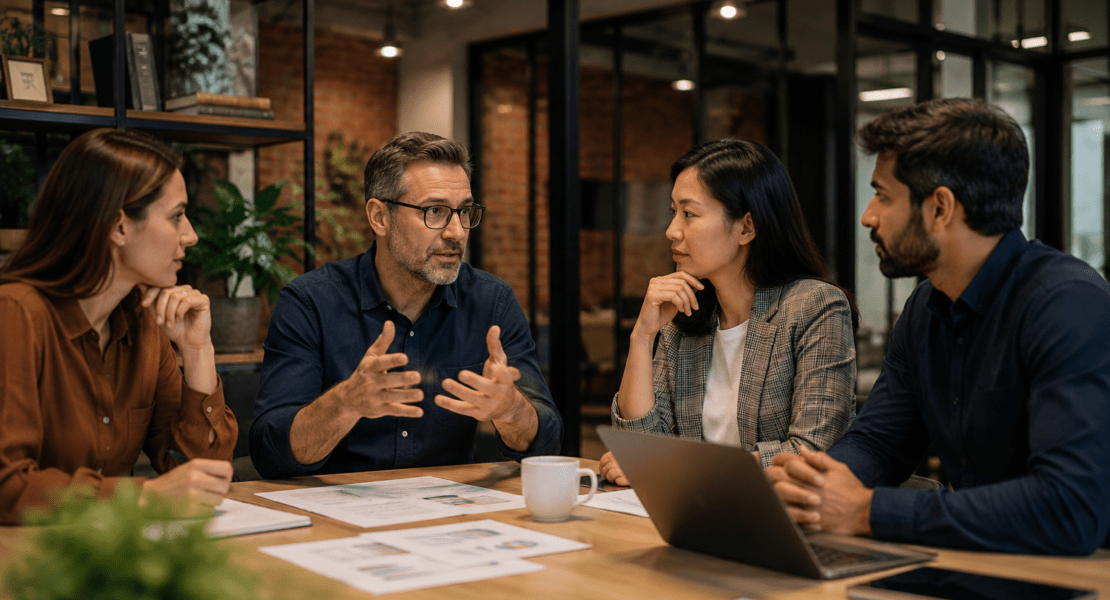 Business professionals discussing data governance frameworks during a strategy meeting in a modern office.