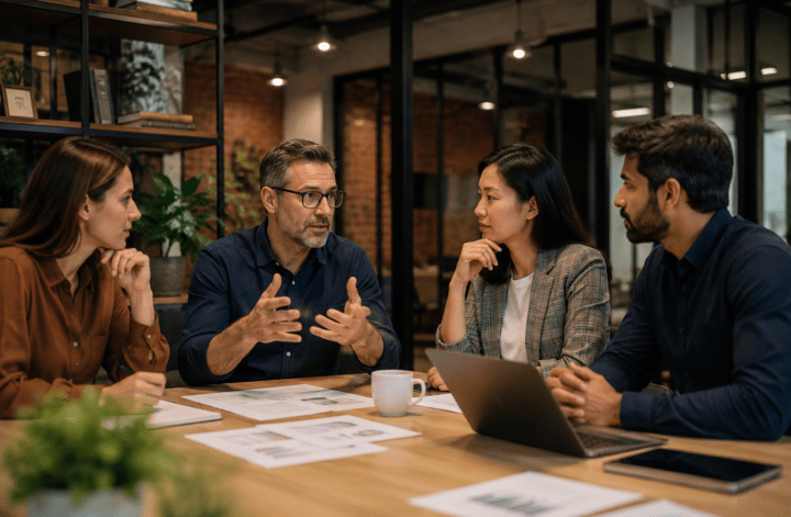 Business professionals discussing data governance frameworks during a strategy meeting in a modern office.