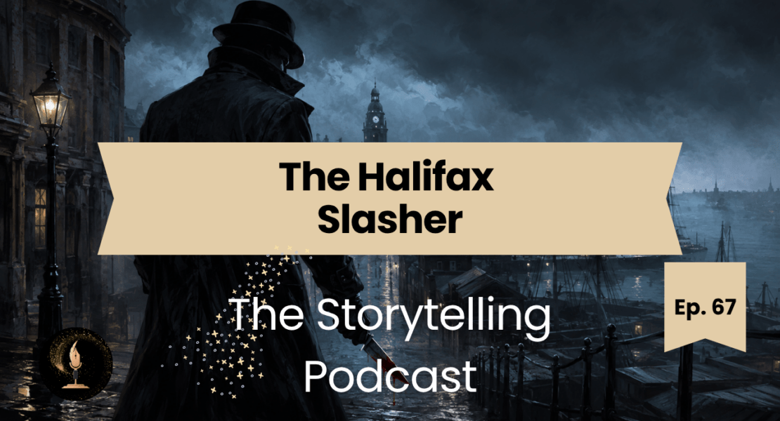 Dark illustration of a mysterious figure overlooking Halifax harbour promoting The Storytelling Podcast episode about the Halifax Slasher.