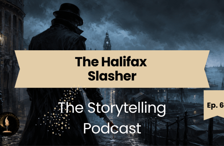 Dark illustration of a mysterious figure overlooking Halifax harbour promoting The Storytelling Podcast episode about the Halifax Slasher.