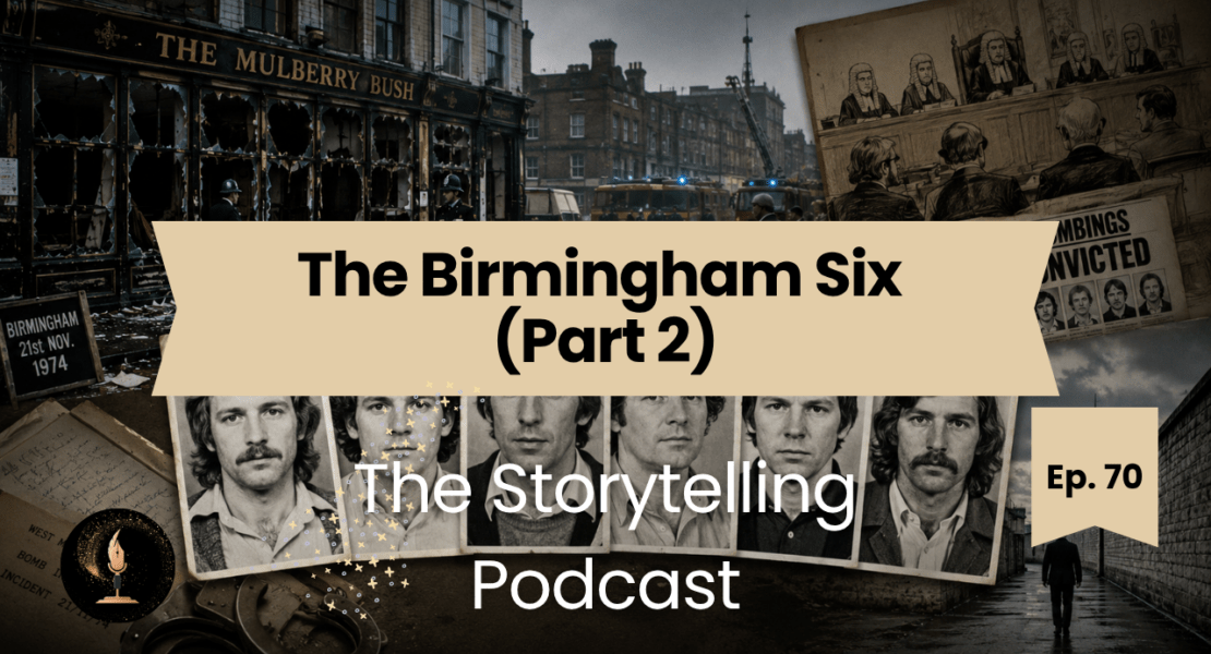 Podcast cover for The Birmingham Six Part 2 featuring the Mulberry Bush pub, courtroom sketches and the Birmingham Six.
