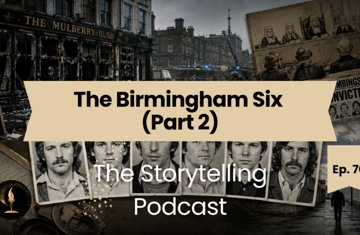 Podcast cover for The Birmingham Six Part 2 featuring the Mulberry Bush pub, courtroom sketches and the Birmingham Six.