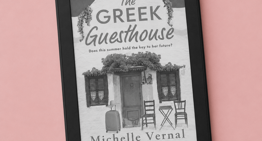 Kindle displaying The Greek Guesthouse by Michelle Vernal on a pink background, illustrating a contemporary fiction book review.