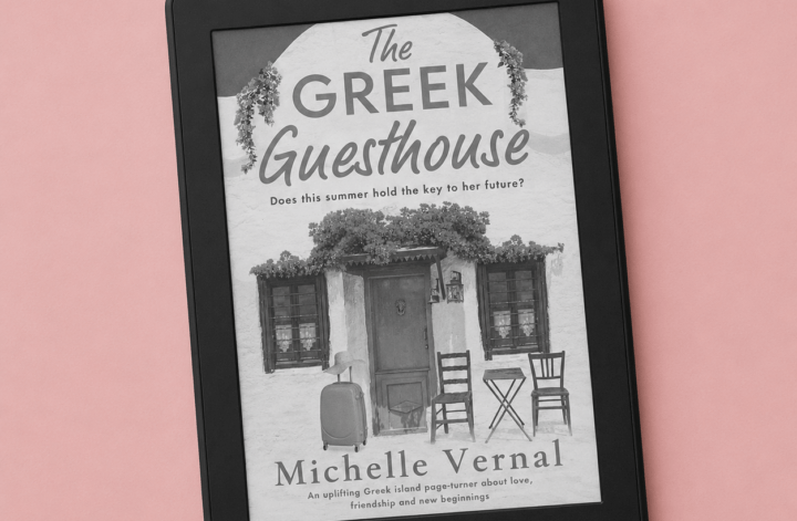 Kindle displaying The Greek Guesthouse by Michelle Vernal on a pink background, illustrating a contemporary fiction book review.