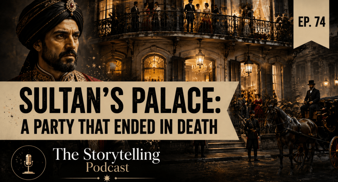 Sultan’s Palace party scene with historic figures, horses, and a dramatic nighttime setting.