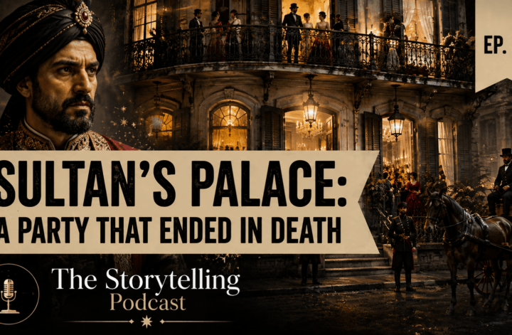 Sultan’s Palace party scene with historic figures, horses, and a dramatic nighttime setting.
