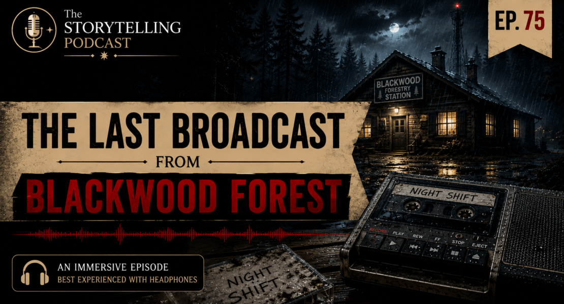 The Last Broadcast from Blackwood Forest podcast episode 75 artwork featuring a forest station and cassette recorder.