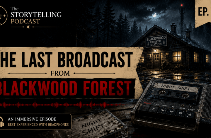 The Last Broadcast from Blackwood Forest podcast episode 75 artwork featuring a forest station and cassette recorder.