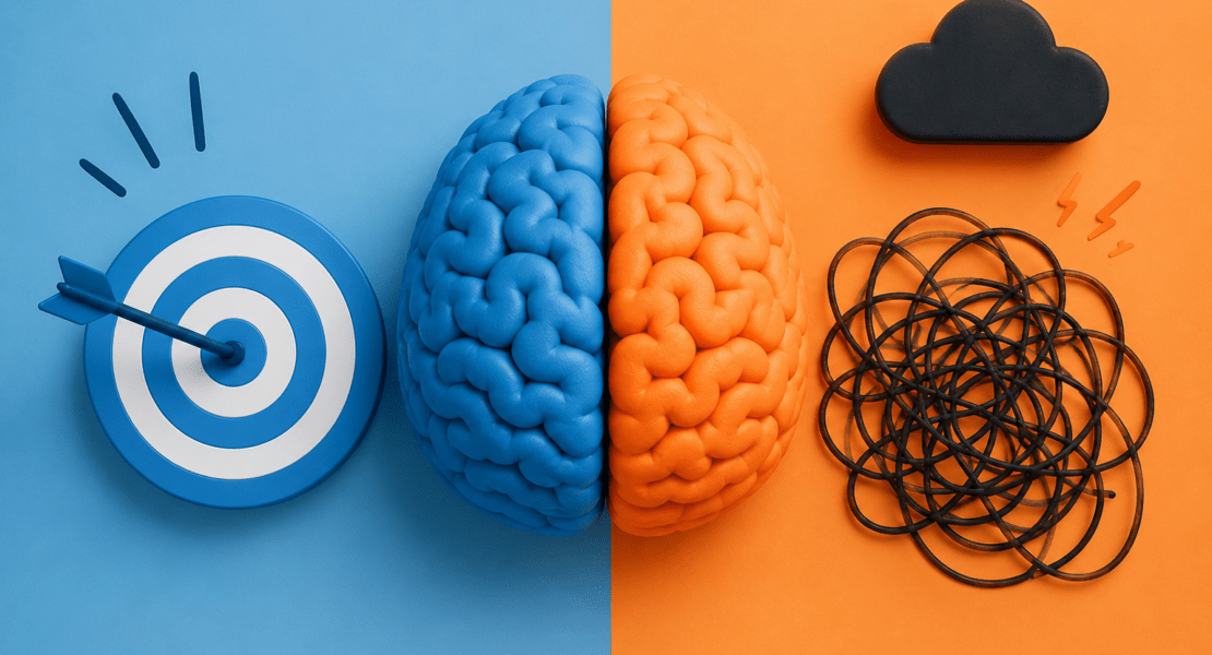 Conceptual image of ADHD showing focus and goal-setting contrasted with mental distraction and overwhelm.