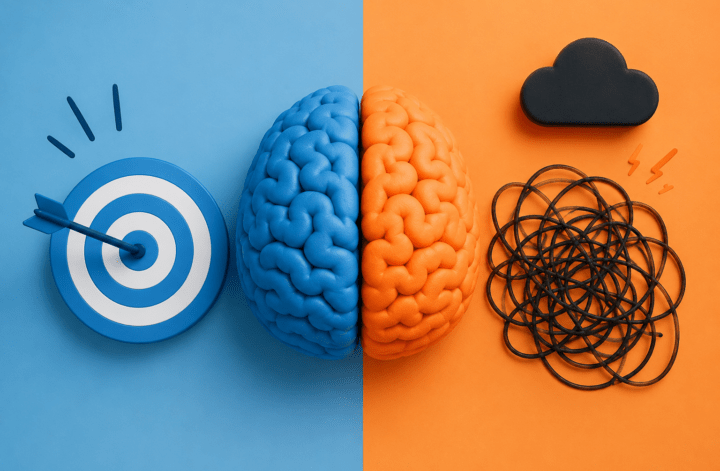 Conceptual image of ADHD showing focus and goal-setting contrasted with mental distraction and overwhelm.