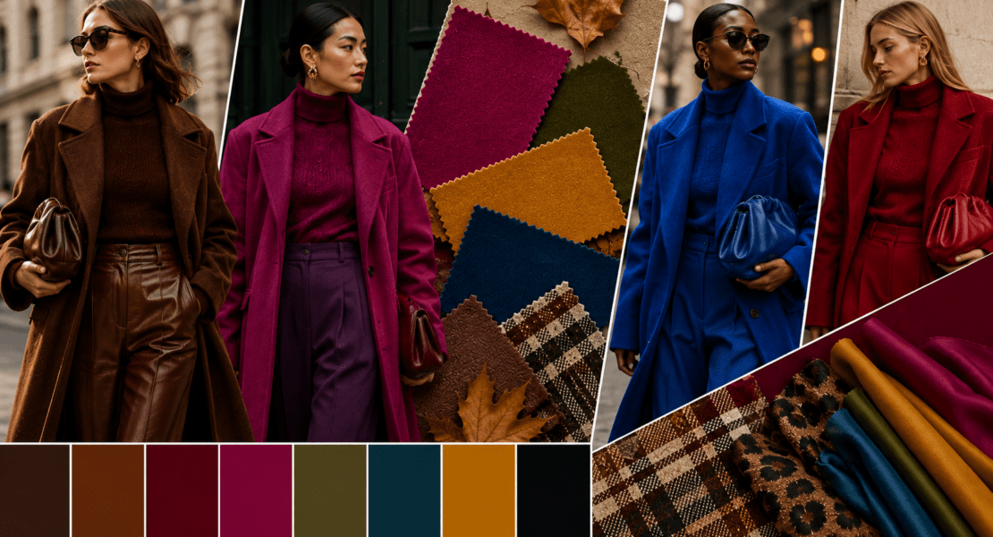 Autumn Winter 2026 fashion trends featuring rich colors, bold patterns, and seasonal womenswear