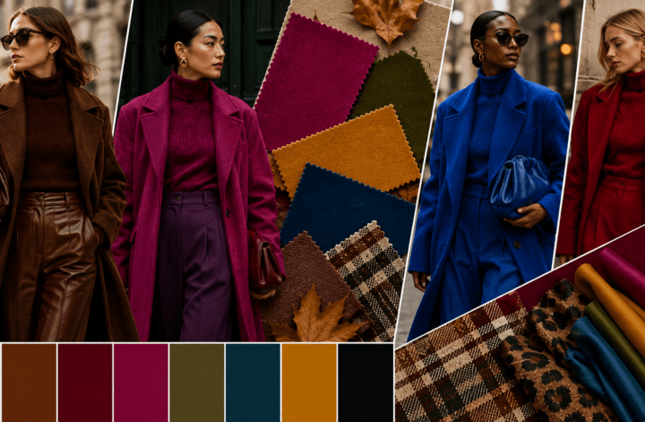 Autumn Winter 2026 fashion trends featuring rich colors, bold patterns, and seasonal womenswear