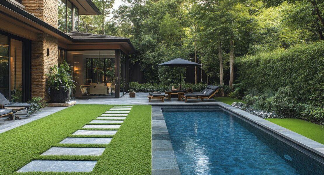Modern backyard with a swimming pool, landscaped lawn, patio, and outdoor seating
