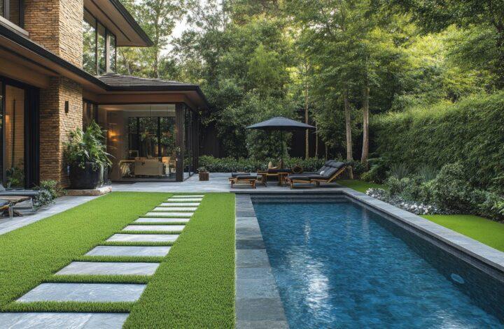 Modern backyard with a swimming pool, landscaped lawn, patio, and outdoor seating