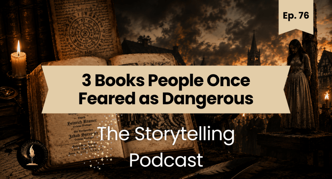 Three historical books once feared as dangerous, shown in a dark historical storytelling scene.