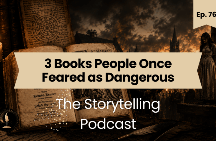 Three historical books once feared as dangerous, shown in a dark historical storytelling scene.