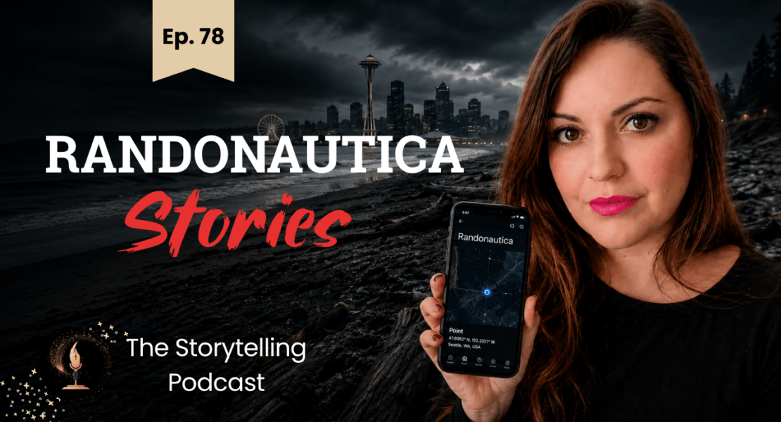 Randonautica Stories podcast cover showing a woman holding a phone with random coordinates on a dark Seattle beach.