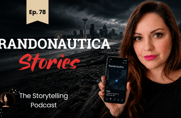 Randonautica Stories podcast cover showing a woman holding a phone with random coordinates on a dark Seattle beach.