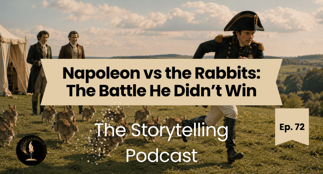 Napoleon Bonaparte running from a group of rabbits in a humorous historical scene for The Storytelling Podcast episode.