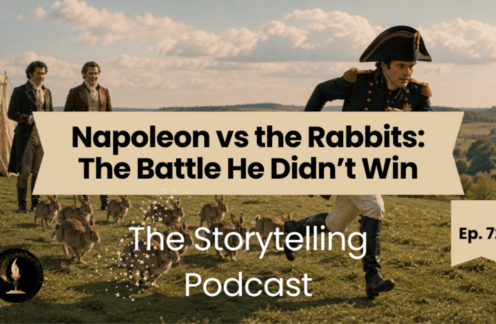 Napoleon Bonaparte running from a group of rabbits in a humorous historical scene for The Storytelling Podcast episode.