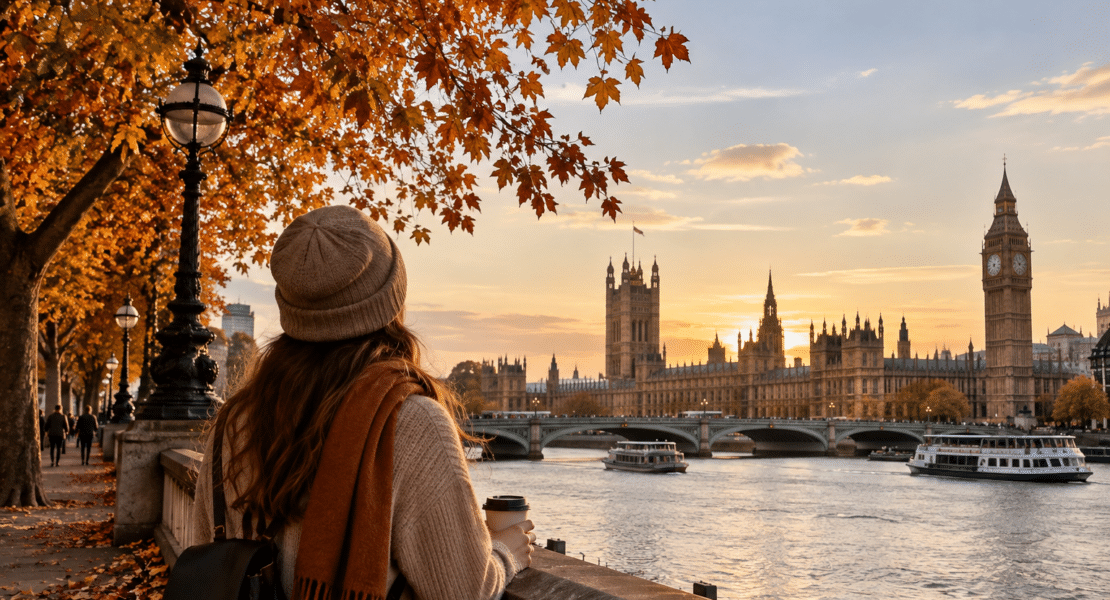 Autumn 2026 travel trends in London with a traveller overlooking the Thames and Westminster