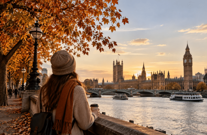 Autumn 2026 travel trends in London with a traveller overlooking the Thames and Westminster