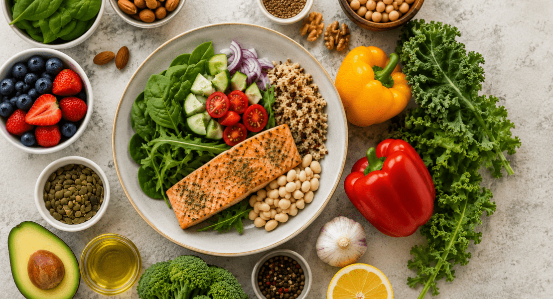 Best diet for menopause featuring salmon, leafy greens, quinoa, beans, berries, nuts, and vegetables