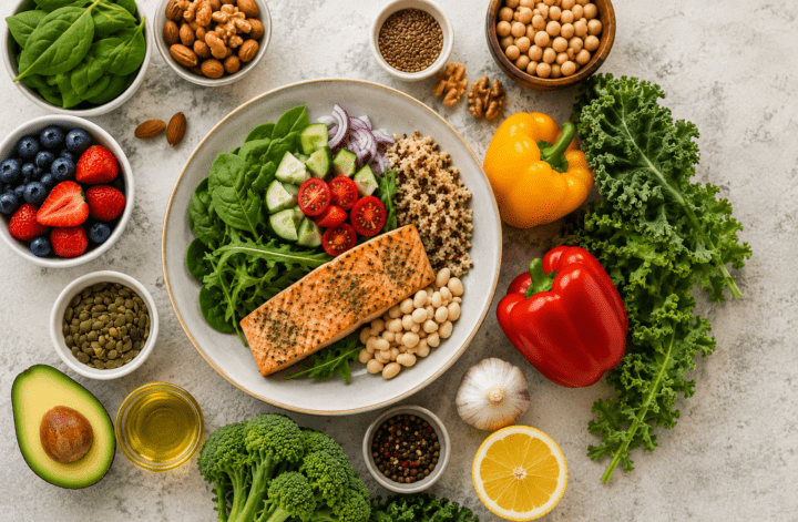 Best diet for menopause featuring salmon, leafy greens, quinoa, beans, berries, nuts, and vegetables