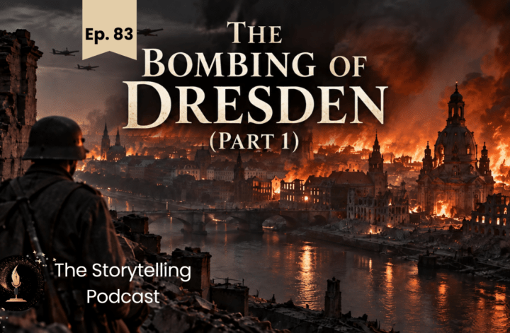 Bombing of Dresden during World War II, showing the city engulfed in flames and smoke.