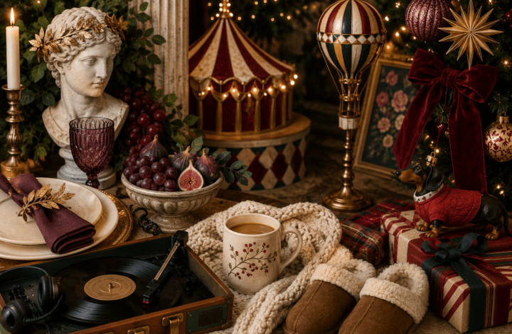 Christmas 2026 trends with festive decor, gifts, ornaments, candles and cozy holiday details.