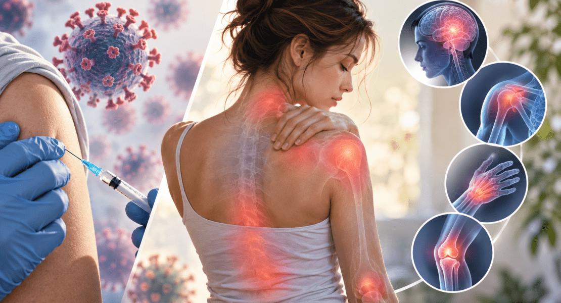 Illustration of COVID-19 vaccination and joint pain symptoms in a person with fibromyalgia or autoimmune disease.