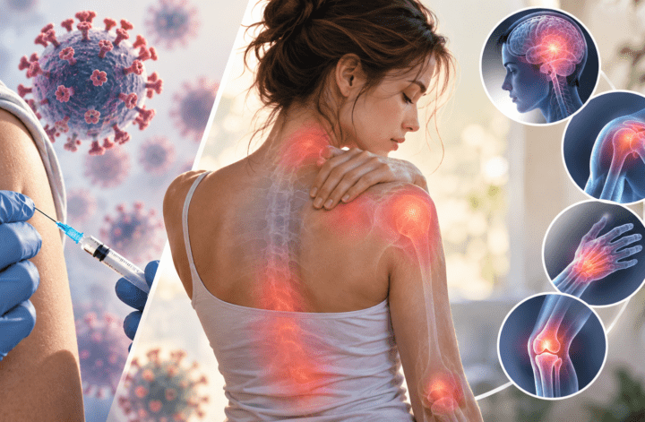 Illustration of COVID-19 vaccination and joint pain symptoms in a person with fibromyalgia or autoimmune disease.