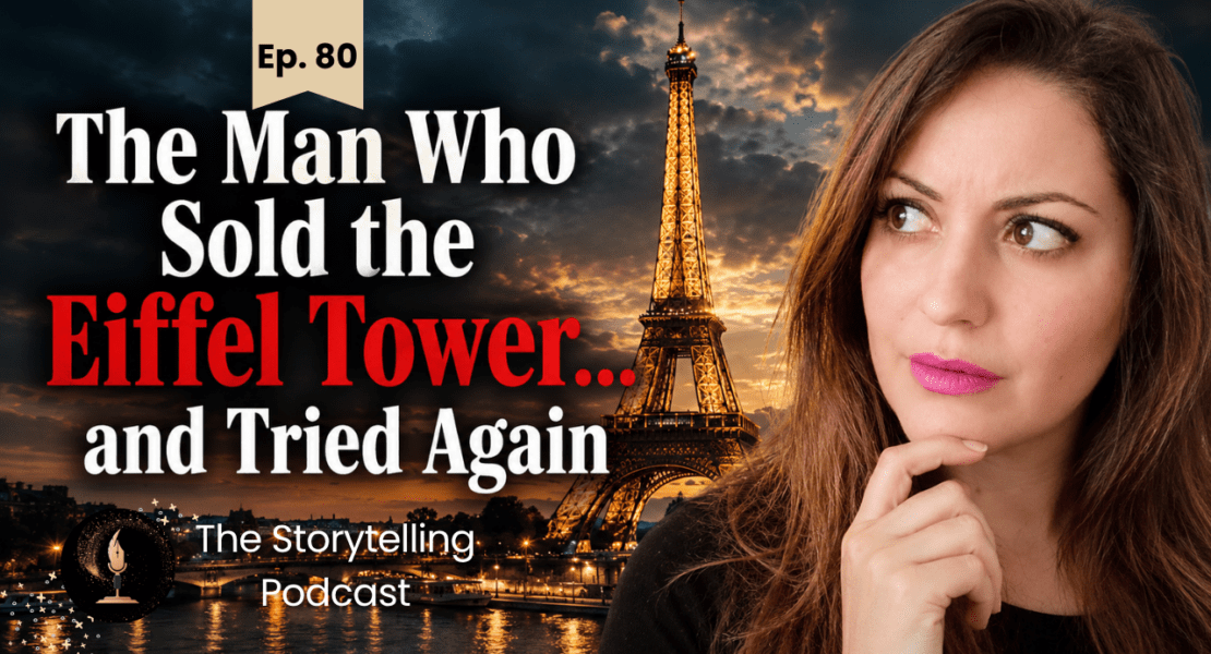 The Eiffel Tower at sunset with Episode 80 artwork about the man who sold it and tried again.
