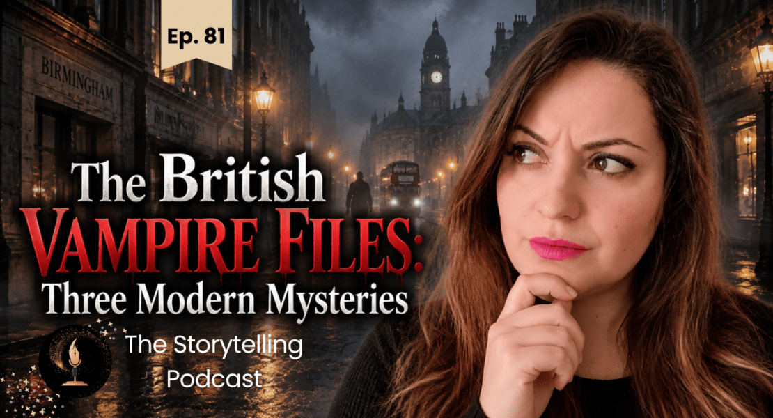 British Vampire Files podcast episode featuring three modern mysteries set against a dark London street scene.