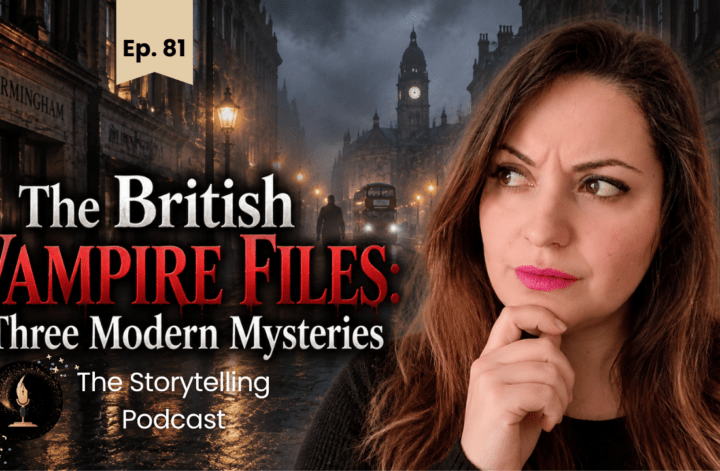 British Vampire Files podcast episode featuring three modern mysteries set against a dark London street scene.