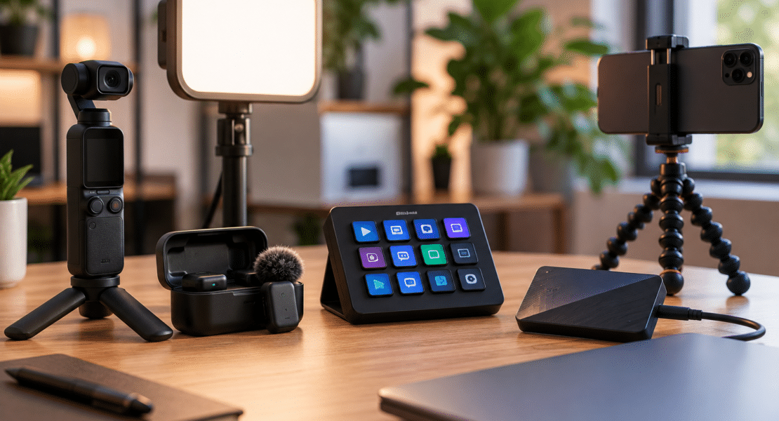 Gifts for content creators including a camera, smartphone, light, microphone, and tripod