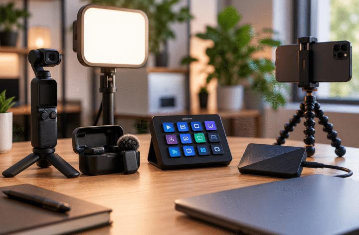 Gifts for content creators including a camera, smartphone, light, microphone, and tripod