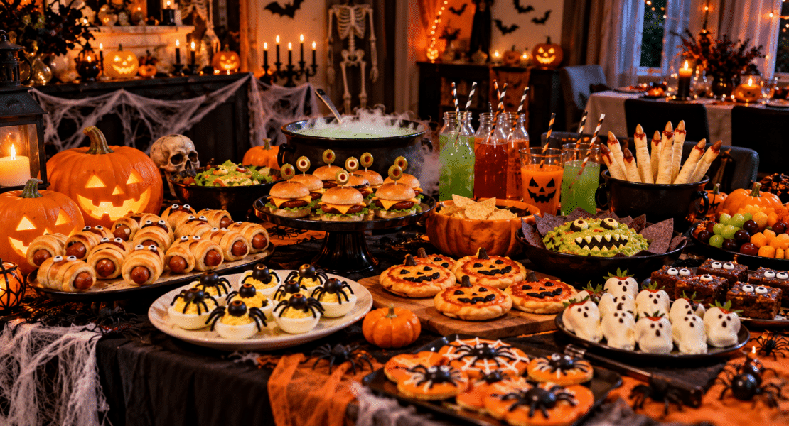 Halloween party table decorated with themed food, drinks, pumpkins, and spooky decorations.