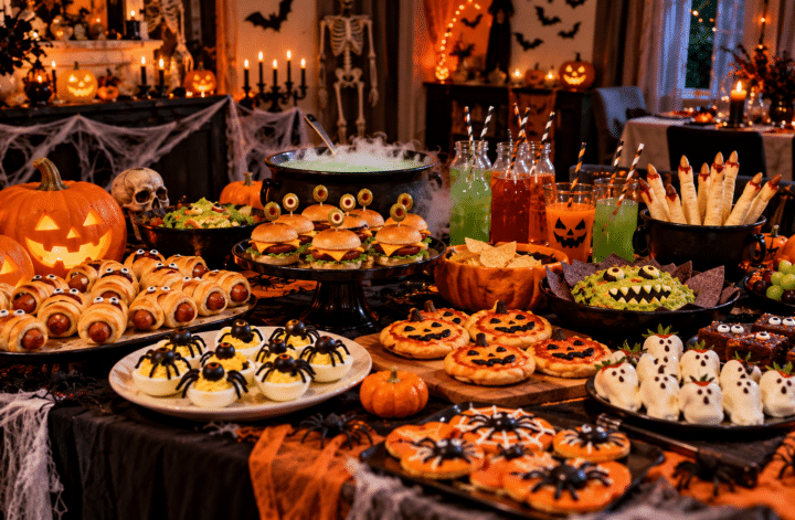 Halloween party table decorated with themed food, drinks, pumpkins, and spooky decorations.