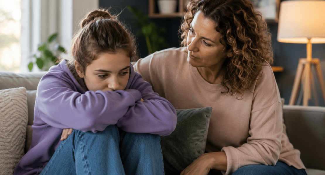 Parent supporting a stressed teen who is sitting with her arms around her knees